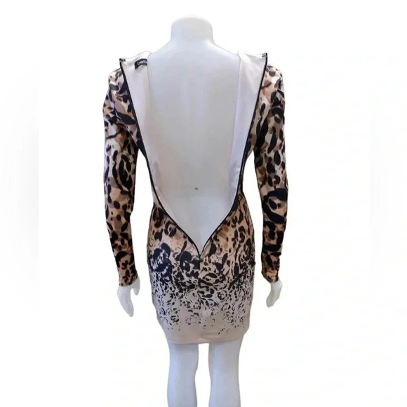 Bebe Leopard Print Long Sleeve Deep V Neck Bodycon Mini Dress Size  Small - Picture 6 of 10